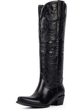 Women's Black Boots Knee High Cowgirl Boots Embroidered Western Boots Block Heel